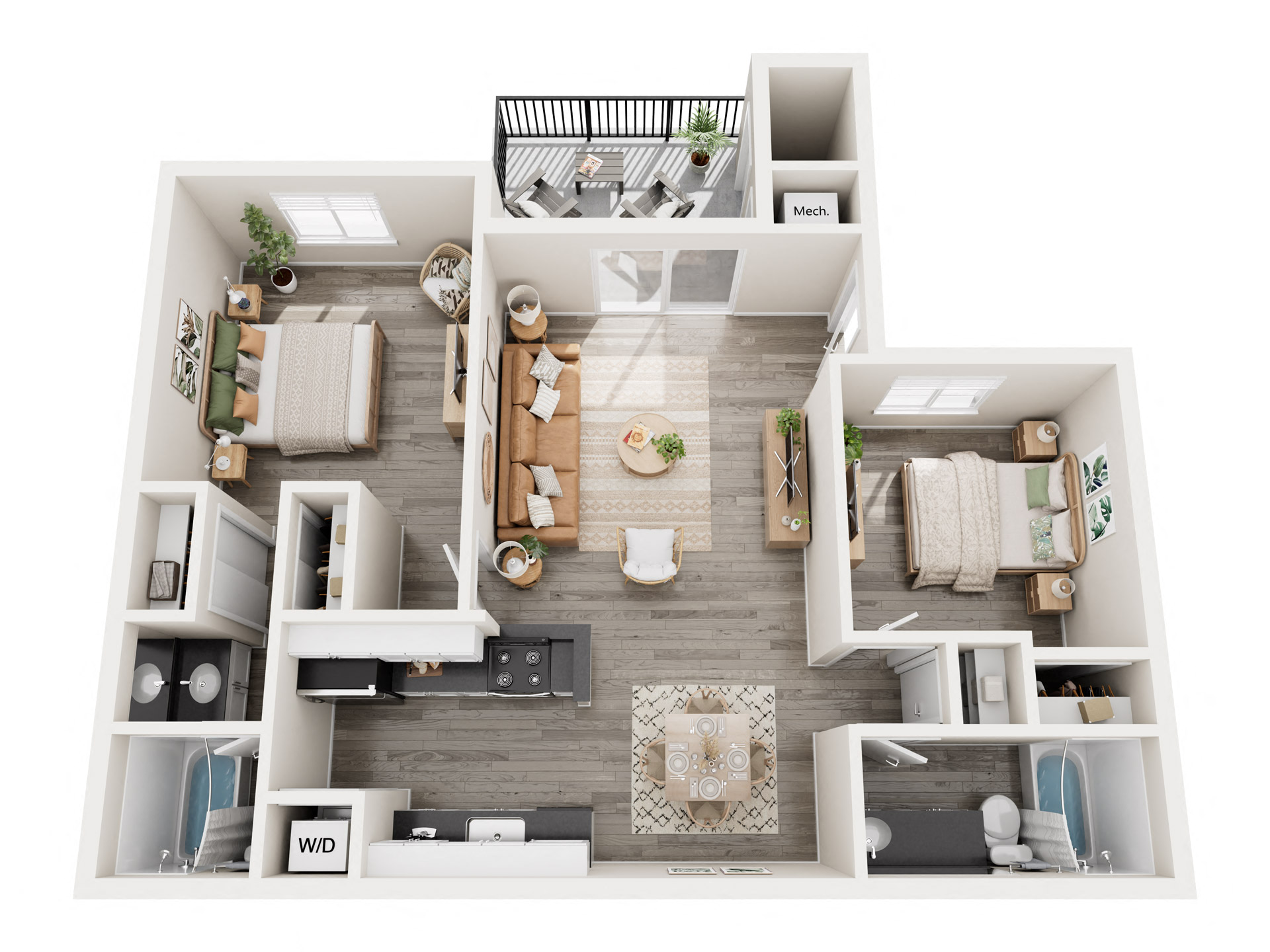 Floor plan for 2 beds, 2 baths, 901 sqft